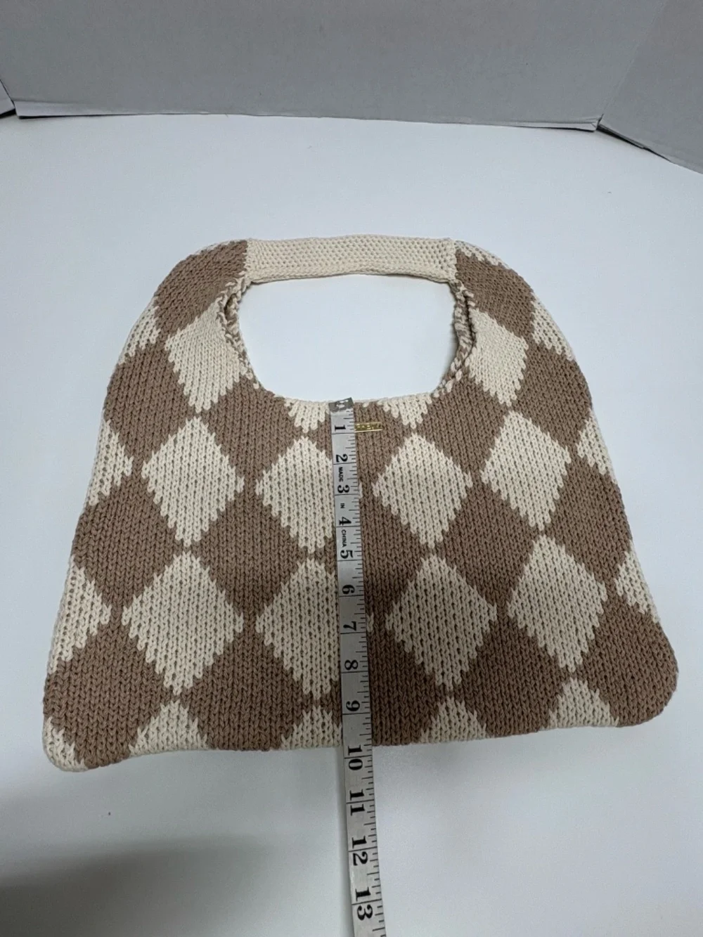 KOPARI Limited Edition Checkered Knit Tan Cream Tote Bag - NEW Without Tag.
